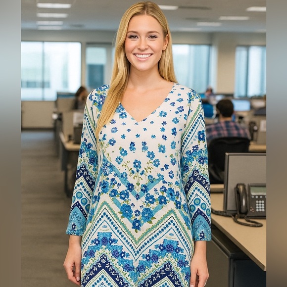 Honey Me Curvy Blue Floral Chevron Boho Long Sleeve A-Line Dress XL - Picture 2 of 12